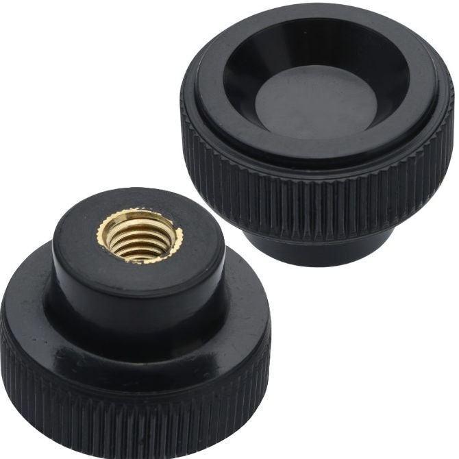 1232013 | KF040M-020-KND-PH (Each) --- Disc Knobs - M4 - 4x0.7mm - 20x7 mm Female Knurled Plastic - Brass Knob