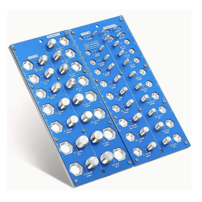 1232256 | TL-THRG-MI-BOARDS-38 (Each) --- Thread Gauge Tools - Thread Checking Set 38 Male and Female Threads - Imperial and Metric - Mounted on a freestanding board - Steel on Wood