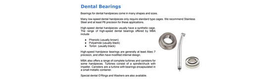 Dental Equipment Bearings Information