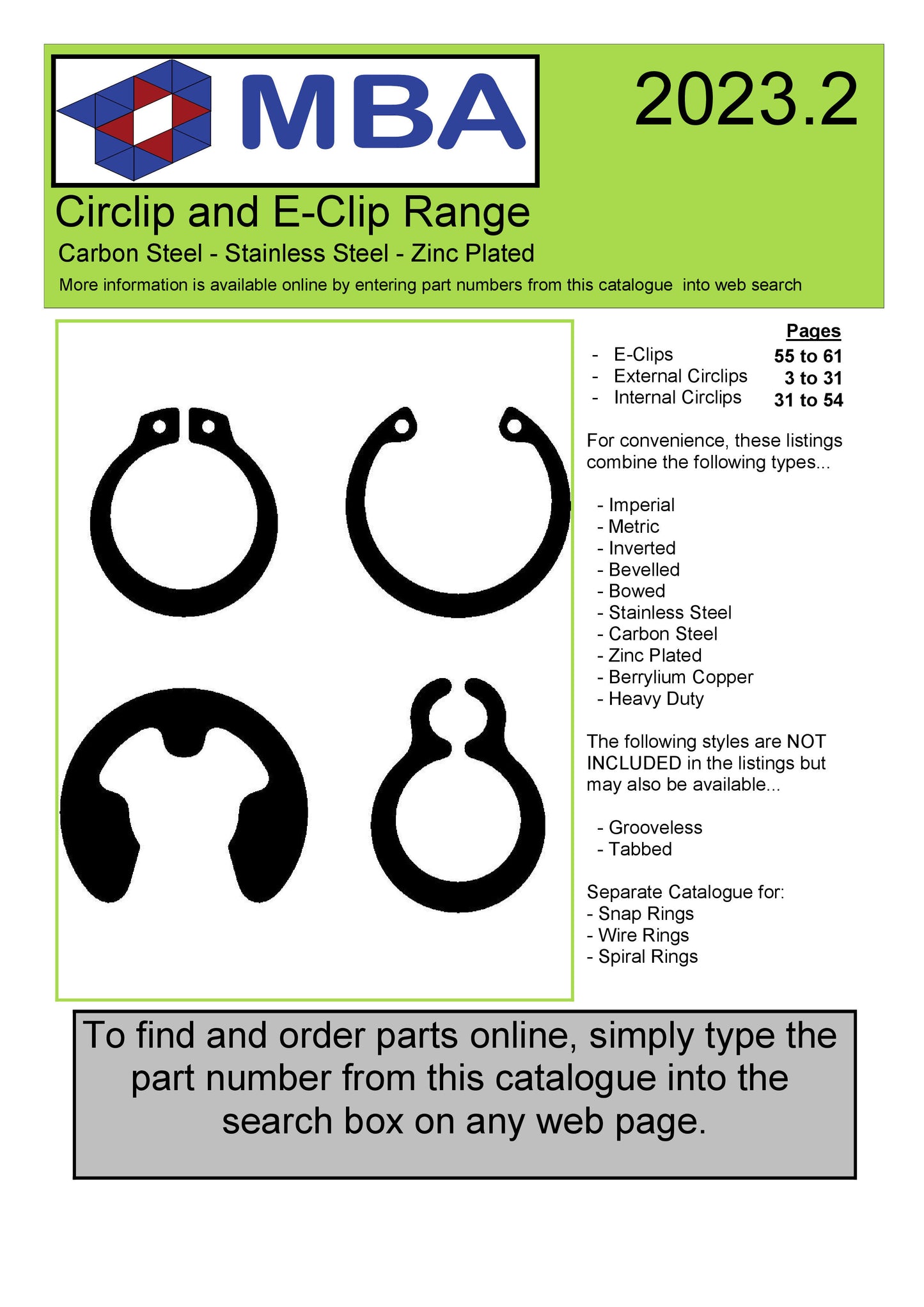 1224891 | CATALOGUE-CIRCLIPS --- CATALOGUECIRCLIPS - MBA Circlips and Eclips Standard and non standard circlip and e-clip quick reference