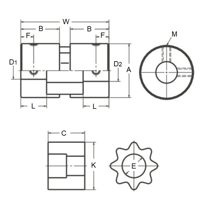 1070438 | CP-064-064-20-034-J-SPLN-X (Each) --- Spline Type Couplings - 6.35x6.35x20 mm Complete - Aluminium and Rubber Coupling