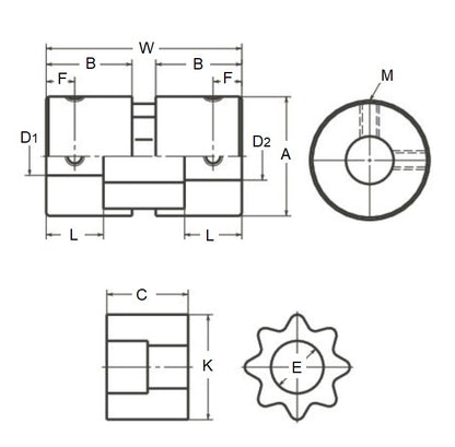1070438 | CP-064-064-20-034-J-SPLN-X (Each) --- Spline Type Couplings - 6.35x6.35x20 mm Complete - Aluminium and Rubber Coupling