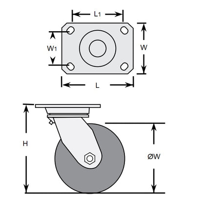 1161919 | RWC-S2710B (2 Pcs) --- Castors - 50 x  Swivel with Brake x 30 mm