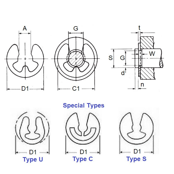 1059722 | ECL-0037-0048A-CZ (PK-50) --- E-Clips Retaining Rings - 4.78x3.73x0.64 mm Basic - Steel Zinc Plated Yellow E-Clip