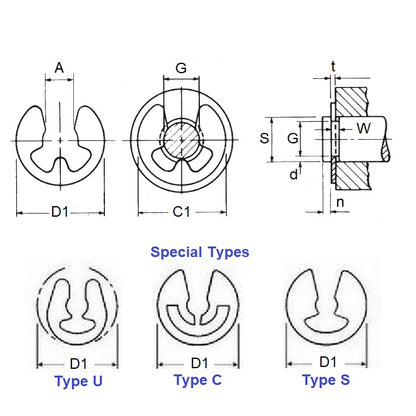 1070498 | ECL-0053-0064B-C (PK-20) --- E-Clips Retaining Rings - 6.35x5.33x0.64 mm Basic - Carbon Steel E-Clip