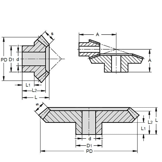 1038806 | GB-21B-M1-40-060-A (Each) --- Bevel Gears - Ratio 2 to 1 Large Gear Only - GB-21B-M1-20-050-A Module 1 Plastic - Acetal Gear