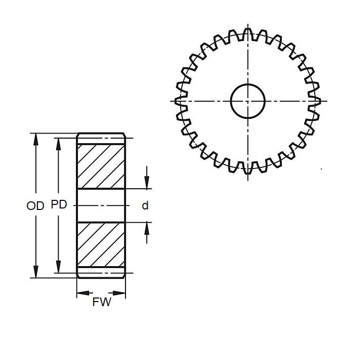 1080754 | G003B-08-M04-040-015-B-N (10 Pcs) --- Spur Gears - 8 x 3.2 mm x 1.5 mm