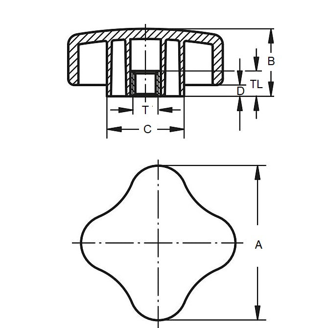 1075147 | KF064C-064-4L-SFT --- Knobs - 1/4-20 UNC (6.35mm) x 63.5 mm x 12.7 mm