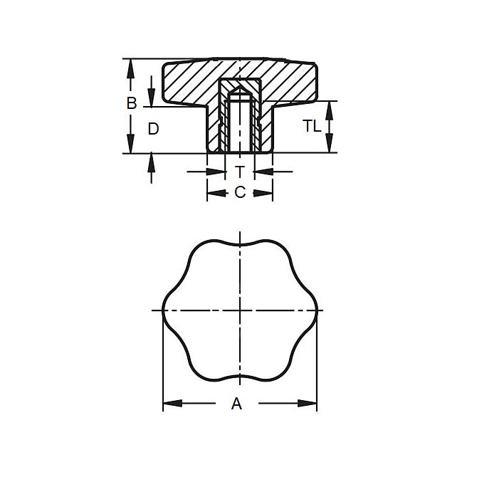 1088675 | KF095C-050-6L-SP --- Lobe Knobs - 3/8-16 UNC (9.53mm) x 50.04 mm