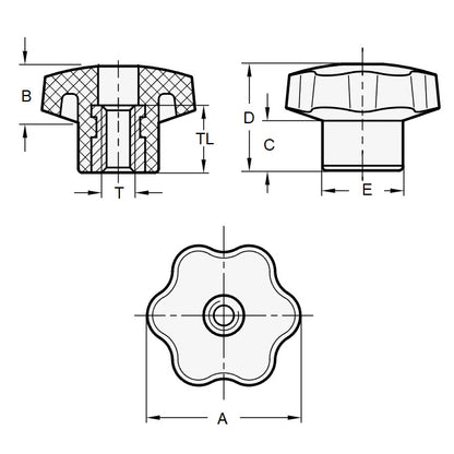 1083782 | KF080M-040-6L-PBR --- Lobe Knobs - M8 (8x1.25mm) x 40 mm x 18 mm