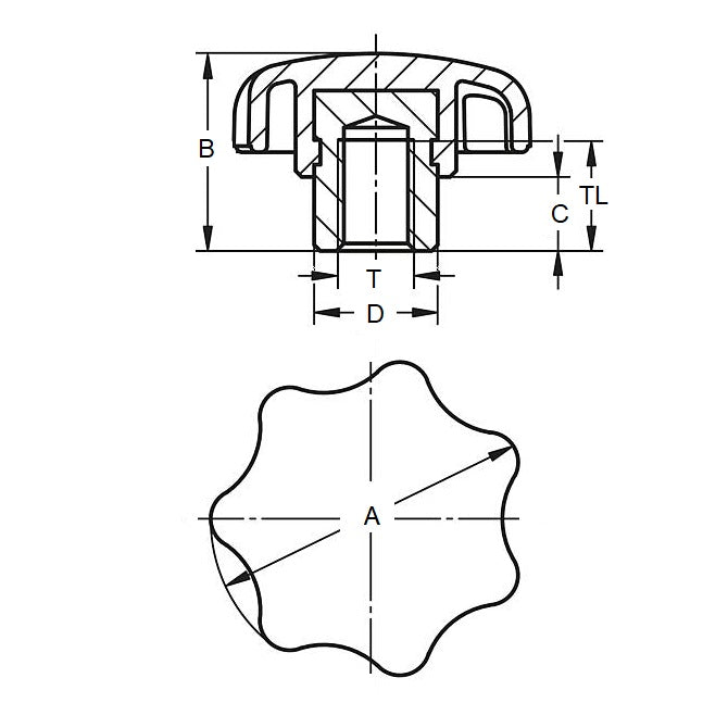 1061107 | KF048F-025-7L-SP --- Knobs - 10-32 UNF (4.76mm) x 24.89 mm x 8.4 mm