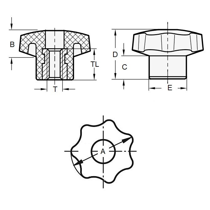 1228528 | KF100M-040-7L-P --- Lobe Knobs - M10 (10x1.5mm) x 40 mm x 25 mm