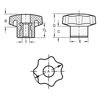 1228524 | KF100M-040-7L-P --- Lobe Knobs - M10 (10x1.5mm) x 40 mm x 25 mm