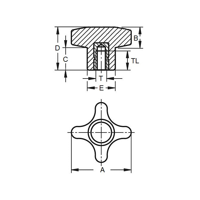 1104260 | KF127C-050-CS --- Cross Knobs - 1/2-13 UNC (12.7mm) x 50.04 mm x 19.1 mm