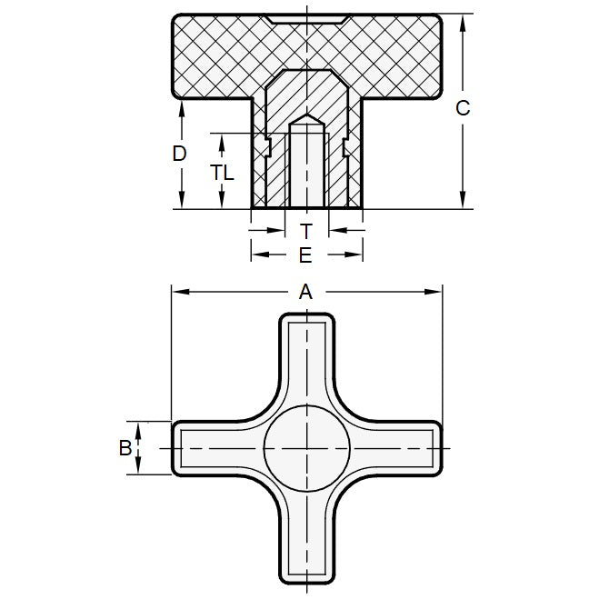 1088760 | KF095C-057-CB (50 Pcs) --- Cross Knobs - 3/8-16 UNC (9.53mm) x 57.15 mm x 12.7 mm