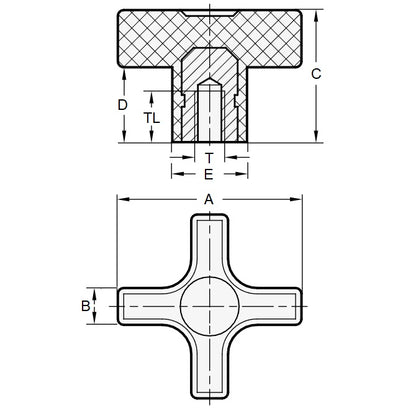 1088896 | KF095C-076-CB (250 Pcs) --- Cross Knobs - 3/8-16 UNC (9.53mm) x 76.2 mm x 15.9 mm