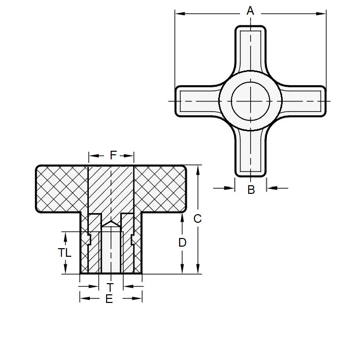 1069999 | KF060M-044-CH (250 Pcs) --- Cross Knobs - M6 (6x1mm) x 44.45 mm x 15.9 mm