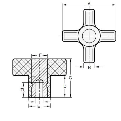 1074826 | KF064C-040-CH --- Cross Knobs - 1/4-20 UNC (6.35mm) x 40.13 mm x 9.5 mm