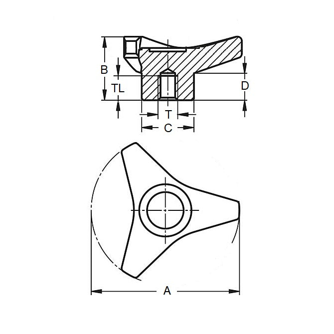 1088861 | KF095C-065-TRI-BHF --- Knobs - 3/8-16 UNC (9.53mm) x 65.02 mm