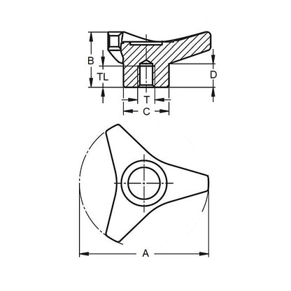 1112686 | KF159C-105-TRI-BHF --- Knobs - 5/8-11 UNC (15.88mm) x 104.9 mm