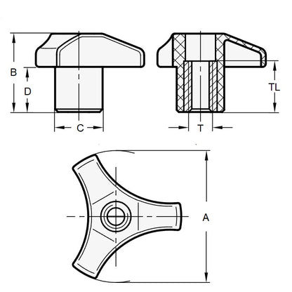 1061170 | KF048F-029-TRI-PF (3 Pcs) --- Knobs - 10-32 UNF (4.76mm) x 28.58 mm