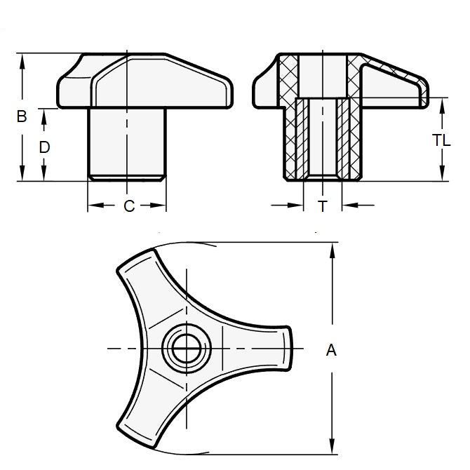 1088862 | KF095C-065-TRI-PF --- Knobs - 3/8-16 UNC (9.53mm) x 65.02 mm