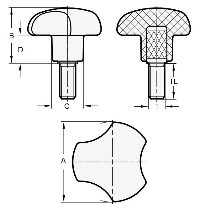 1083787 | KM080M-040-3L25 --- Lobe Knobs - M8 (8x1.25mm) x 40 mm x 25 mm