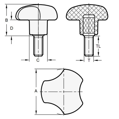 1083787 | KM080M-040-3L25 --- Lobe Knobs - M8 (8x1.25mm) x 40 mm x 25 mm