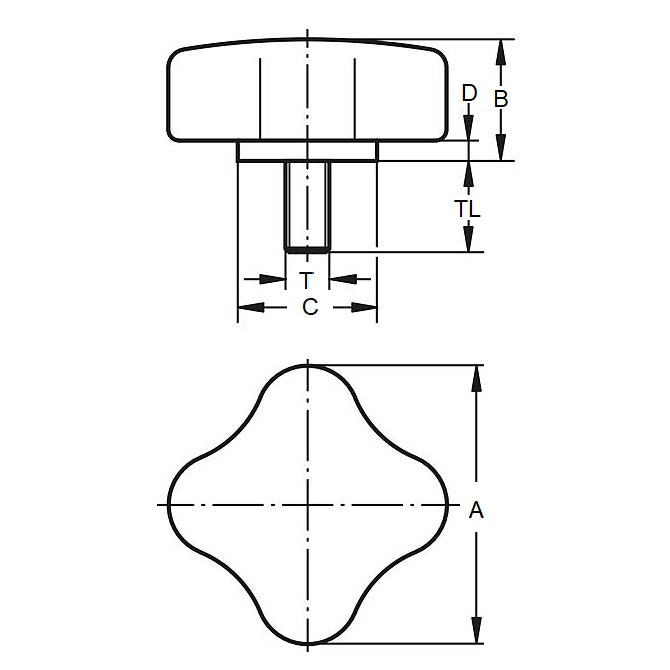 1104450 | KM127C-060-4L25 --- Lobe Knobs - 1/2-13 UNC (12.7mm) x 59.94 mm x 24.9 mm