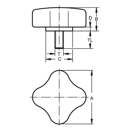 1074163 | KM064C-025-4L19 --- Knobs - 1/4-20 UNC (6.35mm) x 24.89 mm x 19.1 mm