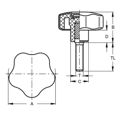 1064355 | KM050M-025-5L15 (5 Pcs) --- Knobs - M5x0.8 x 25 mm x 15 mm