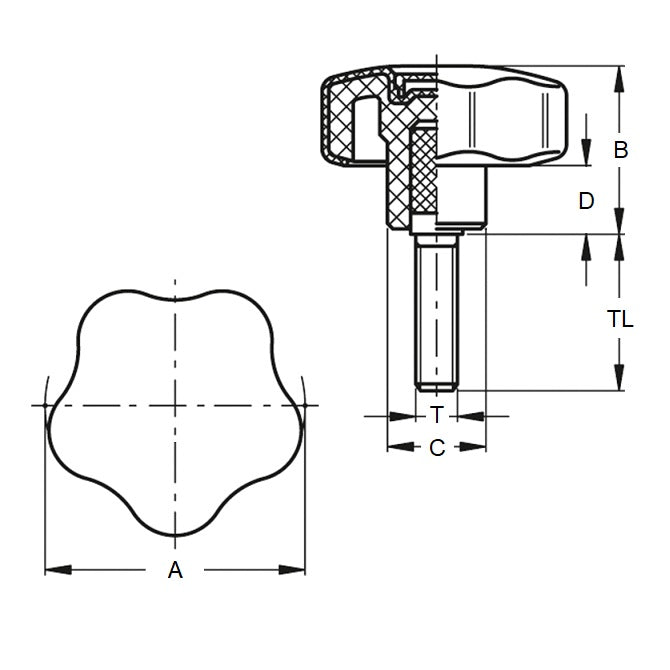 1074608 | KM064C-032-5L25-ST (10 Pcs) --- Knob - 1/4-20 UNC (6.35mm) x 32 mm x 25.4 mm