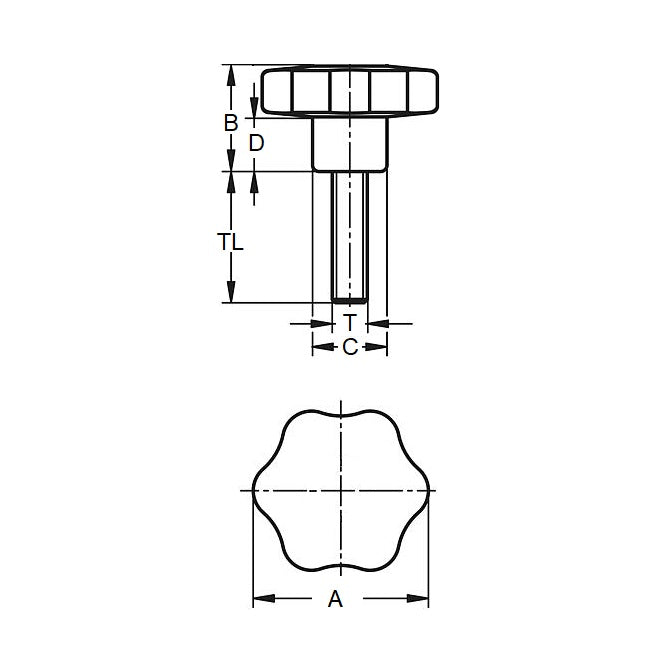 1104568 | KM127C-066-6L38-SP --- Lobe Knobs - 1/2-13 UNC (12.7mm) x 66.04 mm x 38.1 mm