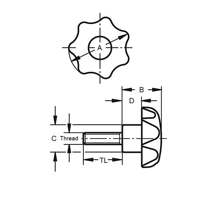 1061111 | KM048F025-7L10-ST (5 Pcs) --- Knob - 10-32 UNF (4.76mm) x 25 mm x 10 mm