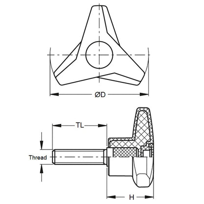 1079085 | KM079C-038-TRI-BHM (50 Pcs) --- Knobs - 5/16-18 UNC (7.94mm) x 38.1 mm x 19.1