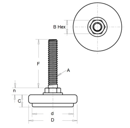 1074655 | MLM-064C-038-CNP-LD --- Levelling Studded Mounts - 1/4-20 UNC (6.35mm) x 35.1 mm x 12.7 mm