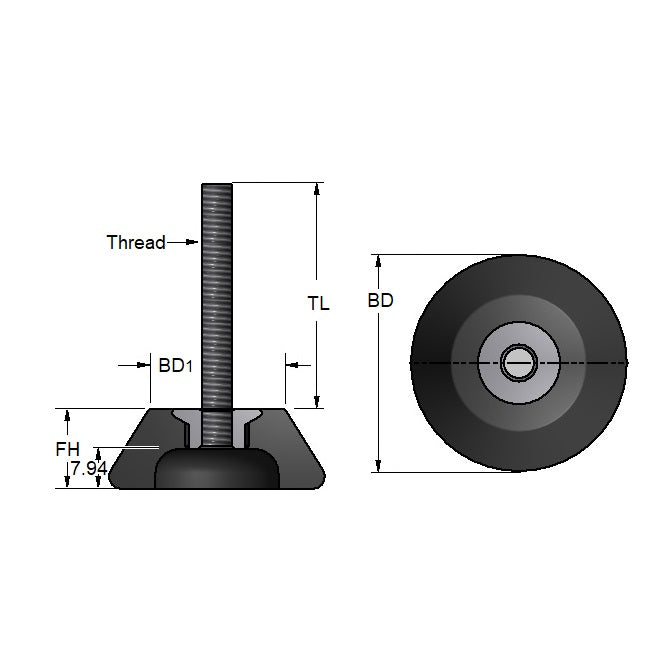 1041718 | TMF-553-ARS (Each) --- Levelling Bonded Neoprene Mounts - 2.5 to 15.8 Kg 1.27x6.35 mm With Stud
