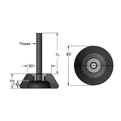 1041718 | TMF-553-ARS (Each) --- Levelling Bonded Neoprene Mounts - 2.5 to 15.8 Kg 1.27x6.35 mm With Stud