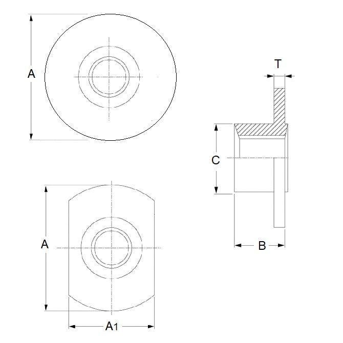 1071617 | NT064C-RW-CS (10 Pcs) --- Nuts - 1/4-20 UNC (6.35mm) x  Round Base x 19.05 mm