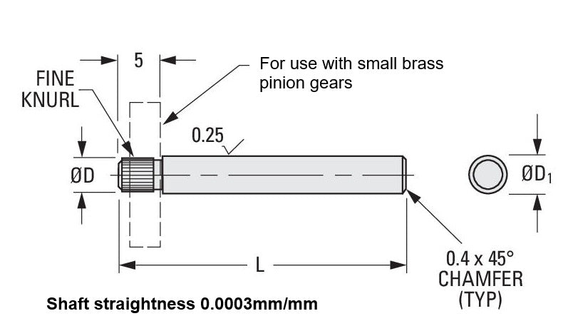 1037265 | SHPIN01.5X50 (Each) --- Pinion Shafts - 1.5x1.55x5 mm - Stainless Steel 303/304 Similar to A2, 18-8 HRB80 Shaft