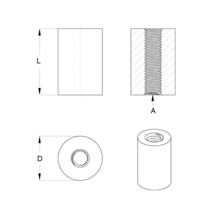 1051499 | SRD-T-0350C-06-025-S3 (10 Pcs) --- Spacers - 6-32 UNC (3.5mm) x 6.35 mm x 25.4 mm