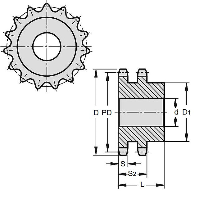 1116408 | SP2-127-078B-017-PB-C (Each) --- Roller Chain Sprockets - 17 tooth - 68.7 - - Duplex 08B With Boss - Carbon Steel Sprocket