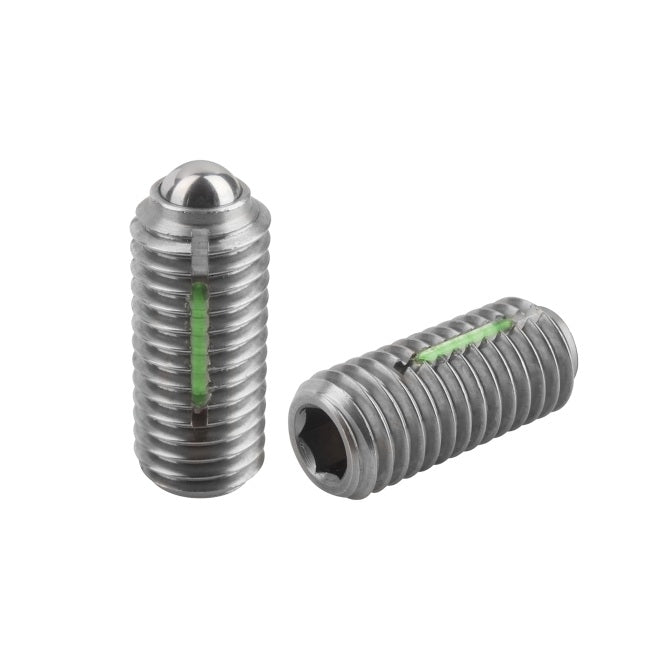 1098114 | PLBT-120M-220-S3LK-055 (Each) --- Ball Threaded Plungers - M12 - 12x1.75mm - 22 mm - 30 N Stainless Body and Ball with Threadlock - Stainless Steel 303 Similar to A2, 304, 18-8 Plunger